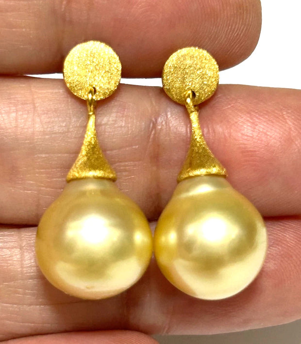 Huge 12.2 x 14mm Rich Golden Philippines South Sea Pearl Dangle Earrings