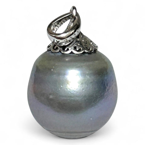 Oval 13.2 x 14.5mm Tahitian Sea Middle Gray Green Pearl Pendant