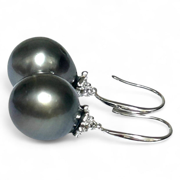 Oval Round 12 x 12.2mm Peacock Black Tahitian Sea Pearl Dangle Earrings