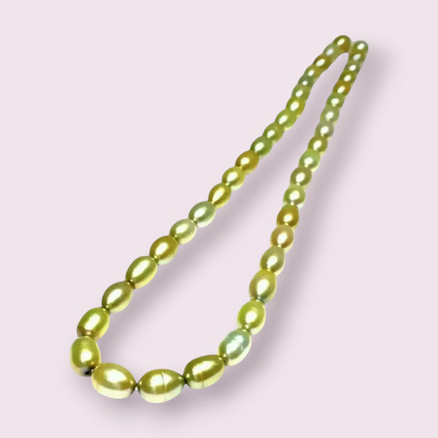 Smooth Oval 7 x 8.5mm Champagne Green Cultured FW Pearl 16" Strand