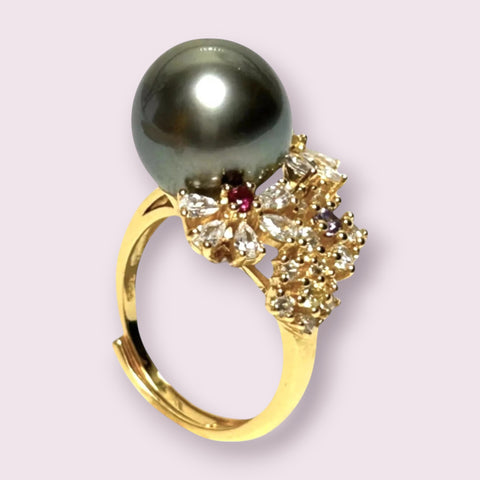 Cocktail Natural Peacock Black 12.2mm Round Tahitian Pearl Ring Size 6
