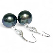 Chic 11.4mm Peacock Black Tahitian Sea Round Pearl Dangle Earrings