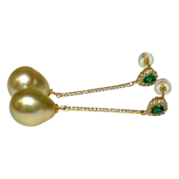 Oval Drop 11.9 x 14.2mm Rich Golden South Sea Pearl Dangle Earrings