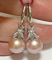 Elegant 10 - 10.5mm Purple Peach Pink Edison Pearl Dangle Earrings