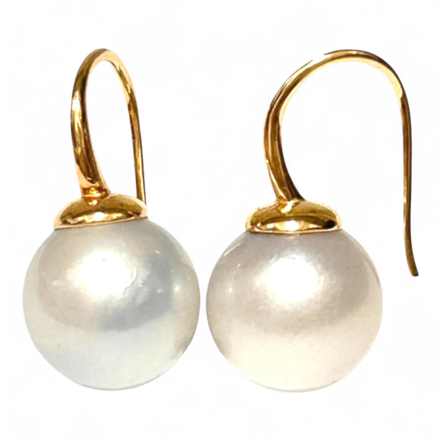 Stunning 13.3mm South Sea Cream White Round Pearl Dangle Earrings