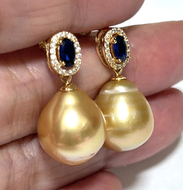 Oval 11.2 x 13mm Gold Philippines South Sea Pearl Dangle Earrings