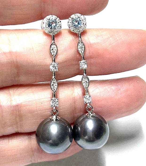 Gorgeous 11-11.5mm Edison Peacock Black Round Pearl Dangle Earrings