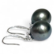 Oval Round 12 x 12.2mm Peacock Black Tahitian Sea Pearl Dangle Earrings