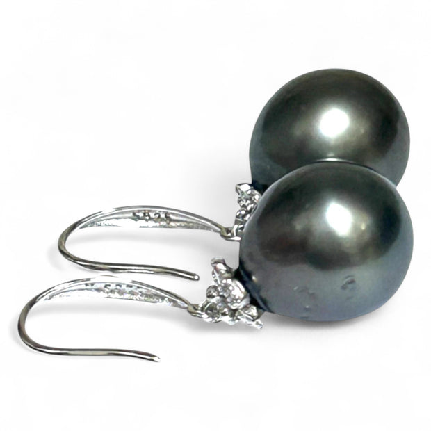 Oval Round 12 x 12.2mm Peacock Black Tahitian Sea Pearl Dangle Earrings