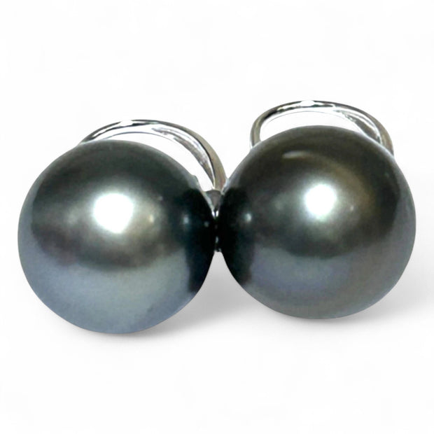 Oval Round 12 x 12.2mm Peacock Black Tahitian Sea Pearl Dangle Earrings
