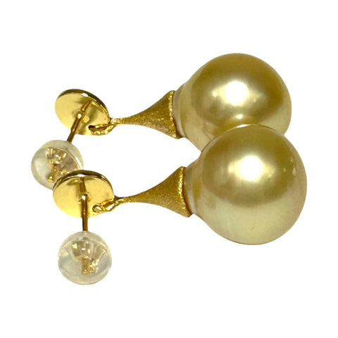 Huge 12.2 x 14mm Rich Golden Philippines South Sea Pearl Dangle Earrings