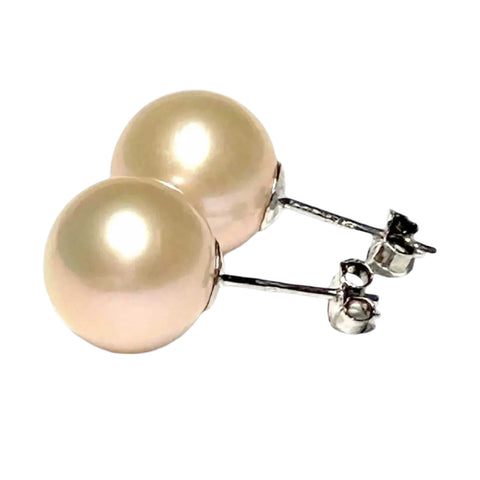 Classic Mirror Luster 11mm Peach Pink Round Edison Pearl Stud Earrings