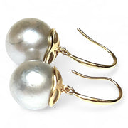 Round 12.8mm Indonesian Silver White South Sea Pearl Dangle Earrings