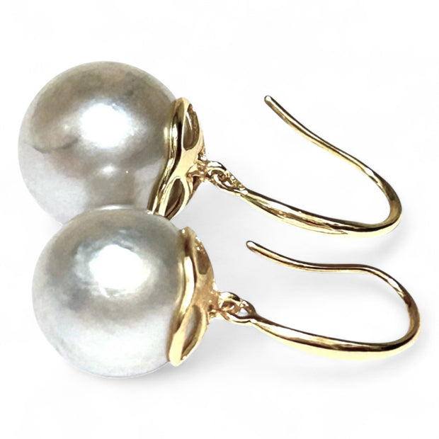 Round 12.8mm Indonesian Silver White South Sea Pearl Dangle Earrings