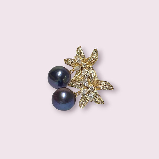 Round 10 - 10.5mm Edison Purple Black Blue Pearl Dangle Earrings