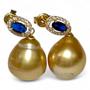 Oval 11.2 x 13mm Gold Philippines South Sea Pearl Dangle Earrings