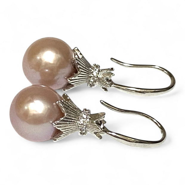 Elegant 10 - 10.5mm Purple Peach Pink Edison Pearl Dangle Earrings