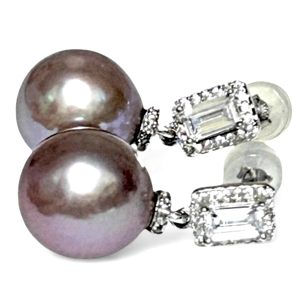 Superb Edison Purple Brown Rainbow Pearl Earrings - 11x11.5mm