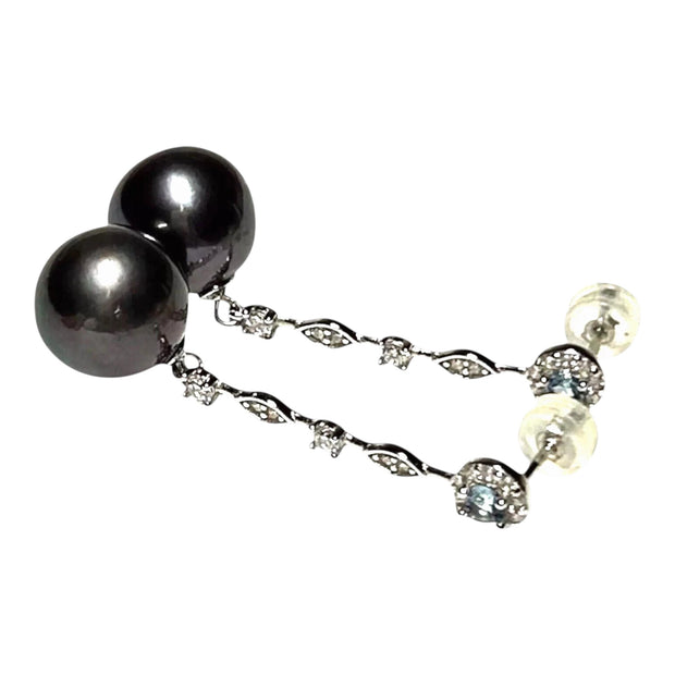 Gorgeous 11-11.5mm Edison Peacock Black Round Pearl Dangle Earrings