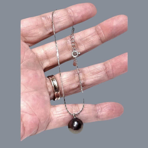925 Sterling Silver 10mm Peacock Black Green Round Pearl 7.5" Bracelet