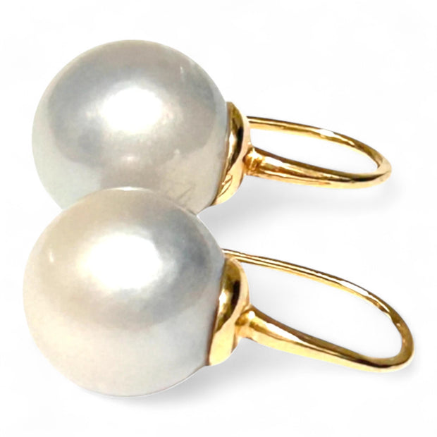 Stunning 13.3mm South Sea Cream White Round Pearl Dangle Earrings