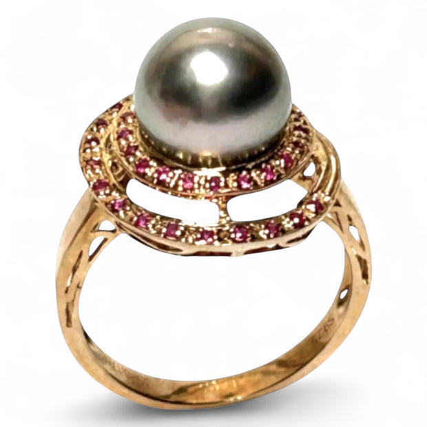 Genuine 35 pcs Ruby Tahitian Sea Peacock Gray 9.8mm Pearl Ring Size 7
