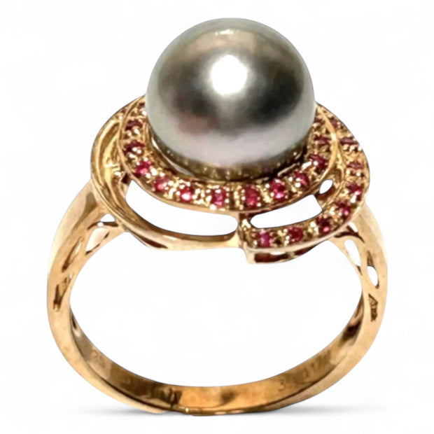 Genuine 35 pcs Ruby Tahitian Sea Peacock Gray 9.8mm Pearl Ring Size 7