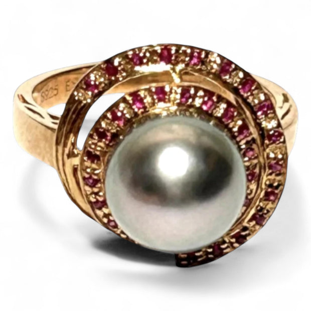 Genuine 35 pcs Ruby Tahitian Sea Peacock Gray 9.8mm Pearl Ring Size 7