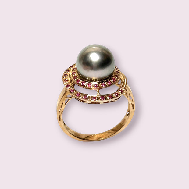 Genuine 35 pcs Ruby Tahitian Sea Peacock Gray 9.8mm Pearl Ring Size 7
