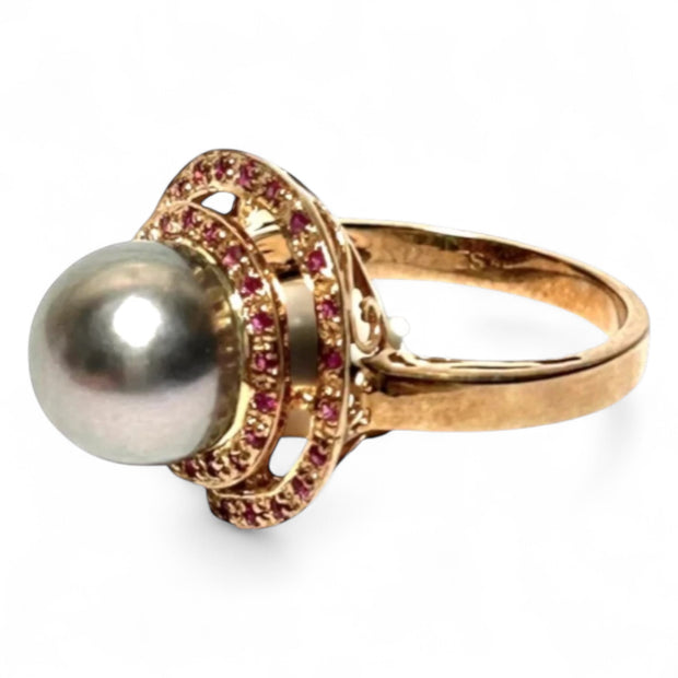Genuine 35 pcs Ruby Tahitian Sea Peacock Gray 9.8mm Pearl Ring Size 7