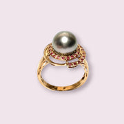 Genuine 35 pcs Ruby Tahitian Sea Peacock Gray 9.8mm Pearl Ring Size 7