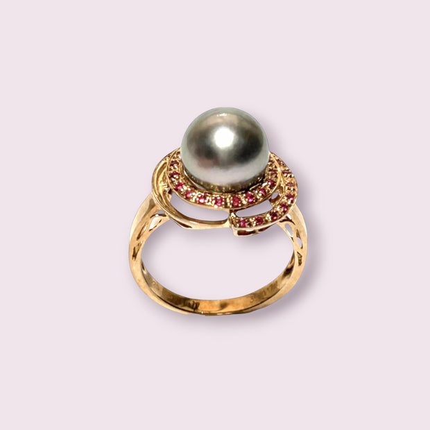 Genuine 35 pcs Ruby Tahitian Sea Peacock Gray 9.8mm Pearl Ring Size 7