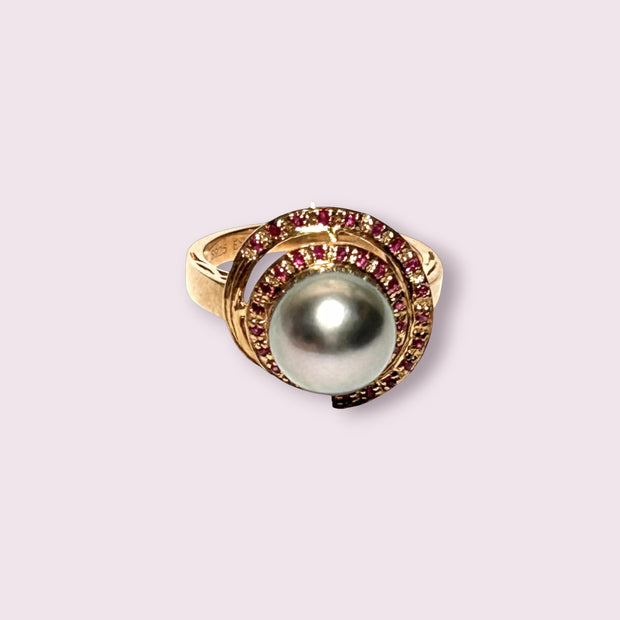 Genuine 35 pcs Ruby Tahitian Sea Peacock Gray 9.8mm Pearl Ring Size 7