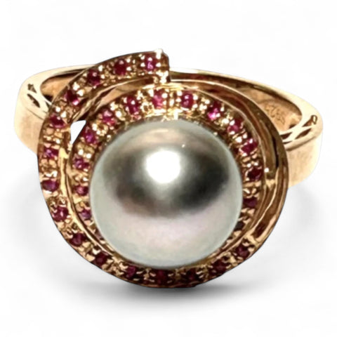 Genuine 35 pcs Ruby Tahitian Sea Peacock Gray 9.8mm Pearl Ring Size 7