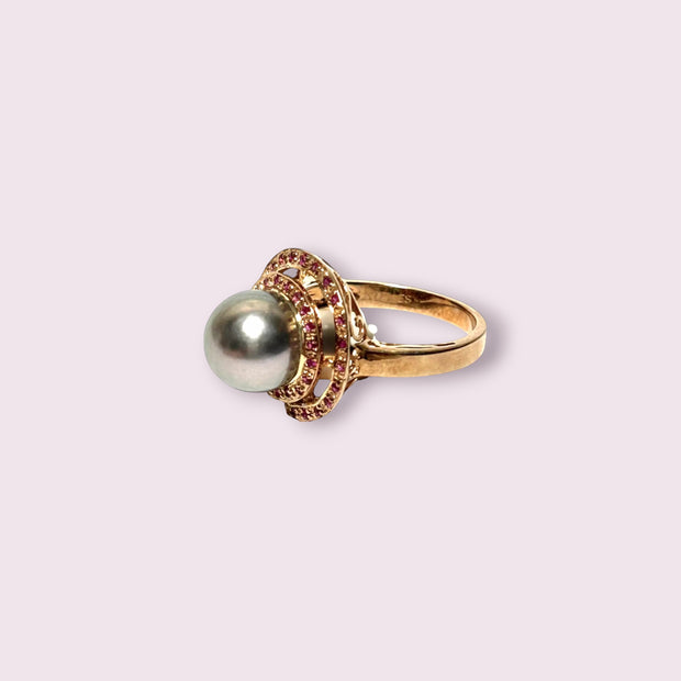Genuine 35 pcs Ruby Tahitian Sea Peacock Gray 9.8mm Pearl Ring Size 7
