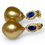 Oval 11.2 x 13mm Gold Philippines South Sea Pearl Dangle Earrings
