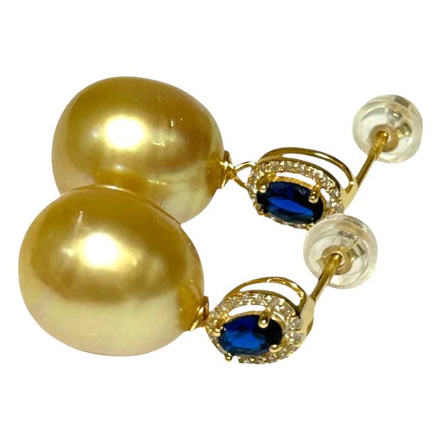 Oval Huge 11.5 x 12.6mm Rich Gold South Sea Pearl Dangle Earrings