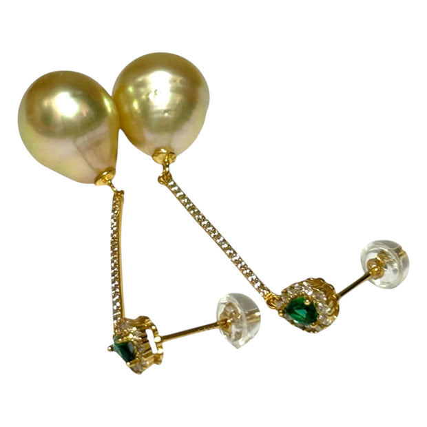 Oval Drop 11.9 x 14.2mm Rich Golden South Sea Pearl Dangle Earrings