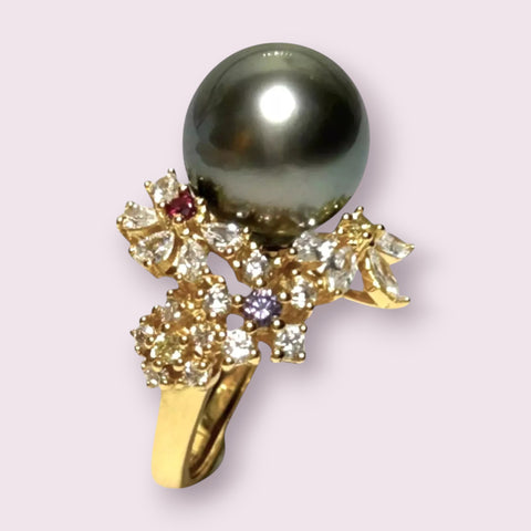 Cocktail Natural Peacock Black 12.2mm Round Tahitian Pearl Ring Size 6