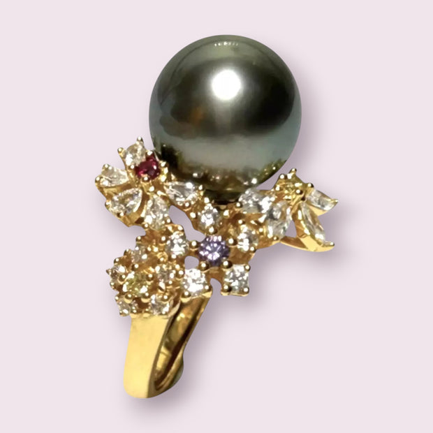 Cocktail Natural Peacock Black 12.2mm Round Tahitian Pearl Ring Size 6