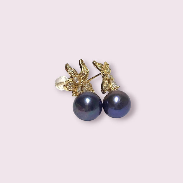 Round 10 - 10.5mm Edison Purple Black Blue Pearl Dangle Earrings