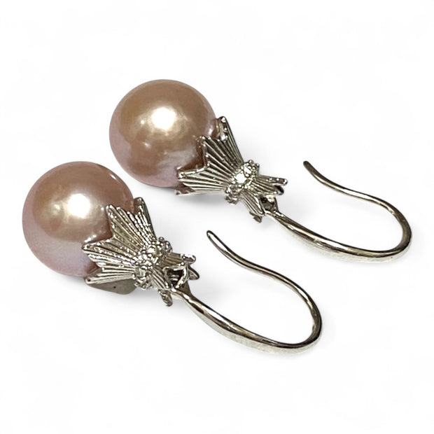 Elegant 10 - 10.5mm Purple Peach Pink Edison Pearl Dangle Earrings