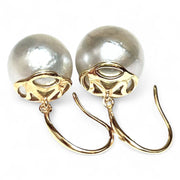 Round 12.8mm Indonesian Silver White South Sea Pearl Dangle Earrings