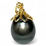Large 12.6 x 14.3mm Tahitian Sea Peacock Black Green Pearl Pendant