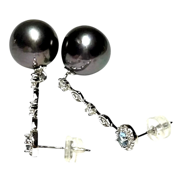 Gorgeous 11-11.5mm Edison Peacock Black Round Pearl Dangle Earrings