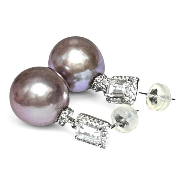 Superb Edison Purple Brown Rainbow Pearl Earrings - 11x11.5mm