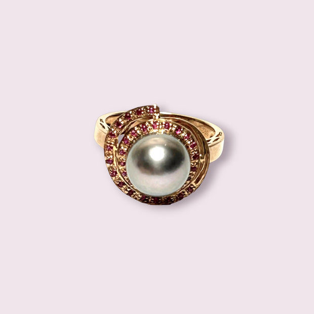 Genuine 35 pcs Ruby Tahitian Sea Peacock Gray 9.8mm Pearl Ring Size 7