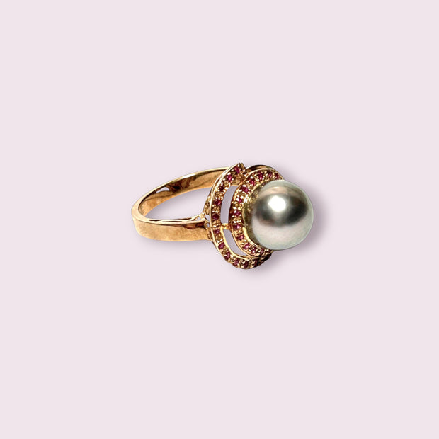 Genuine 35 pcs Ruby Tahitian Sea Peacock Gray 9.8mm Pearl Ring Size 7