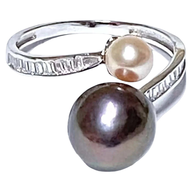 Double 5.3 & 10mm Edison Purple Black Pink Pearls Ring Size 8