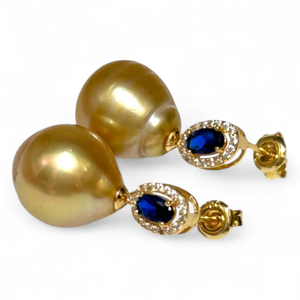 Oval 11.2 x 13mm Gold Philippines South Sea Pearl Dangle Earrings